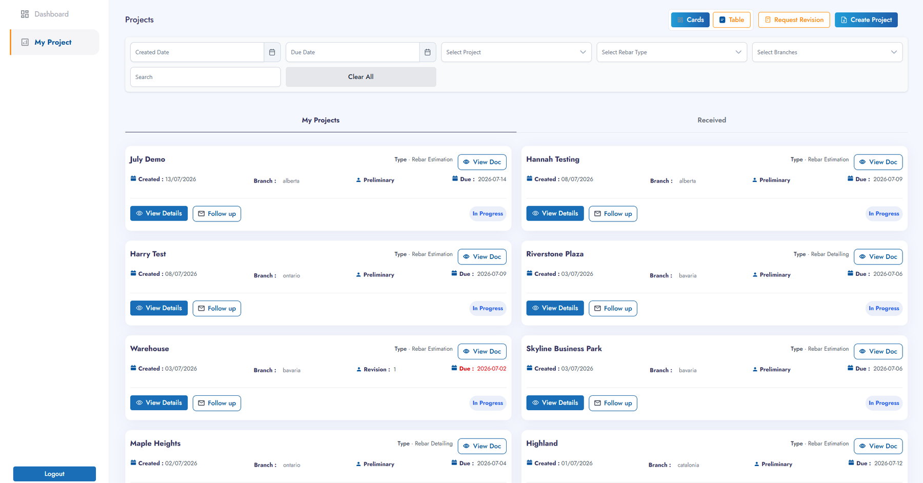 Vendor Management projects list showing project cards with branch, due date, and status